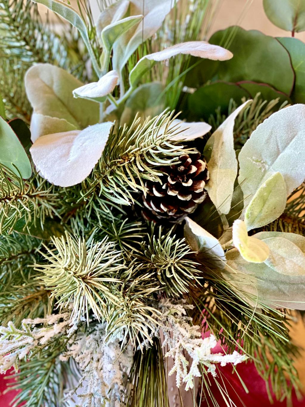 Mixed Winter Greenery And Pinecone Rustic Arrangement In White Birch Cyl