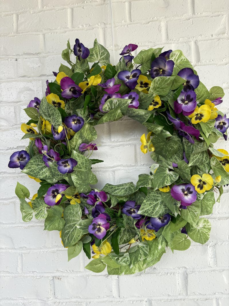 Pansy Perfection - Mixed Yellow & Purple Pansy Spring Summer Front Door Wreath