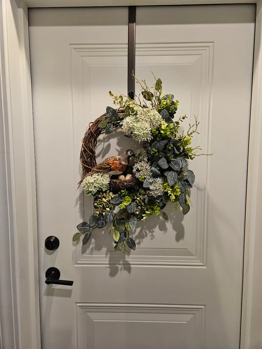 Spring Nesting - Quail Bird, Nest & Eggs with Mixed Spring Florals Asymmetric Front Door Easter Wreath