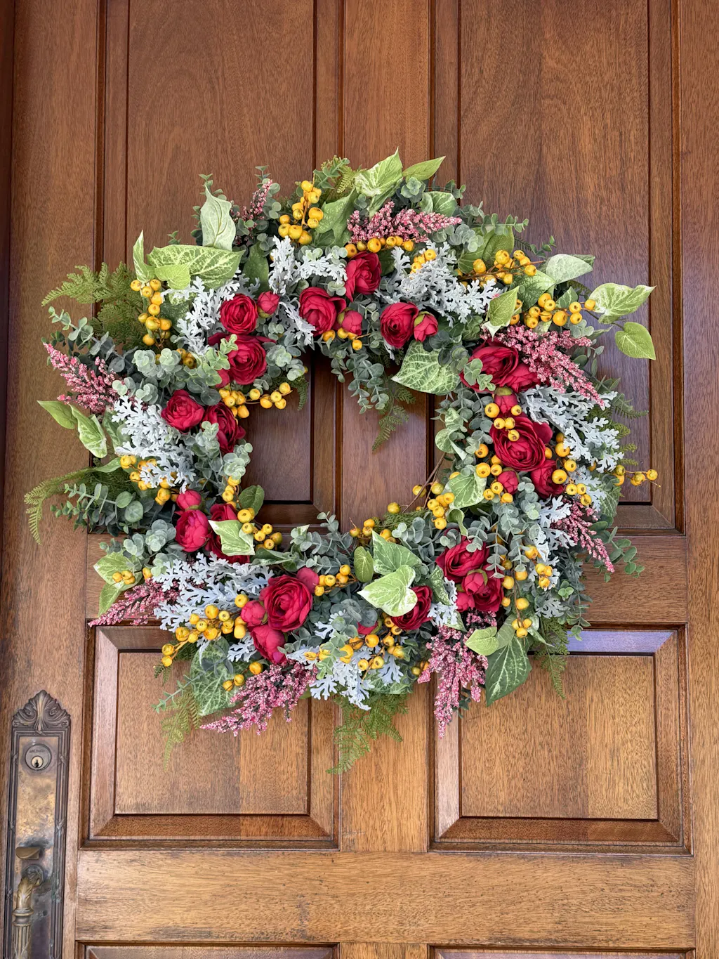 Pink Ranunculus, Eucalyptus with Heather & Yellow Berries Spring Summer Front Door Wreath