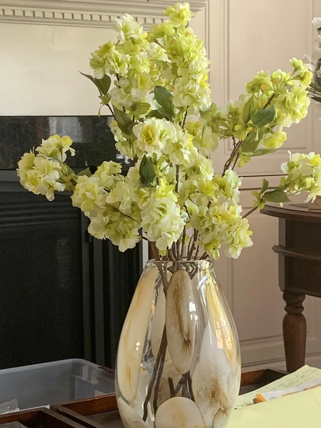 Light Green & White Cherry Blossom Branch Single Long Stem Faux Floral Spray - 32"
