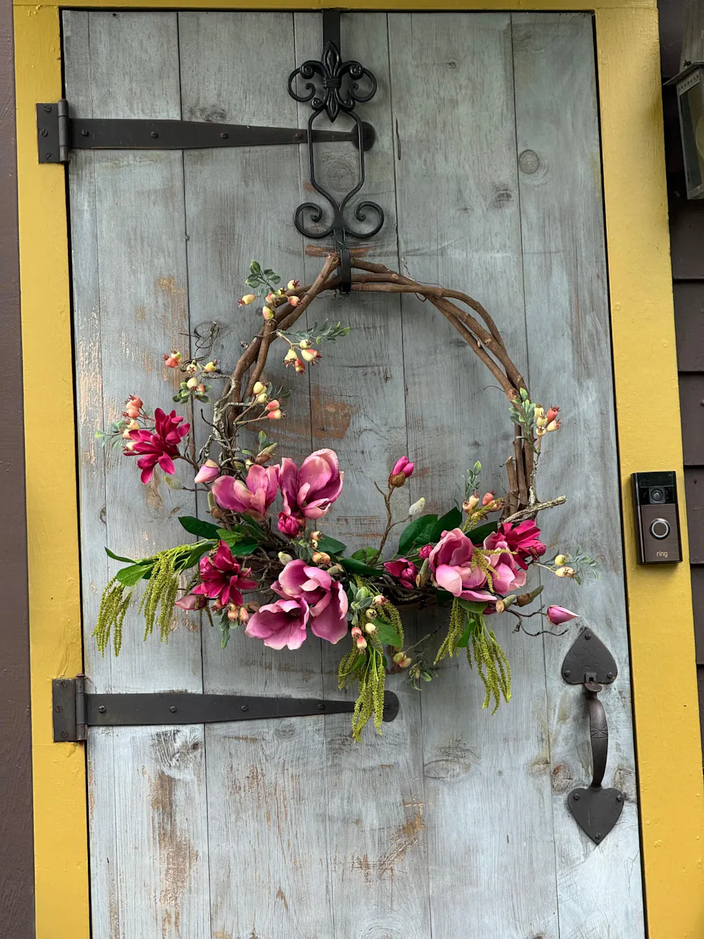 Tangled Petals - Mixed Pink & Fuchsia Magnolia Vining Rosehip Berry & Amaranthus on Broad Vine Base Summer Front Door Wreath