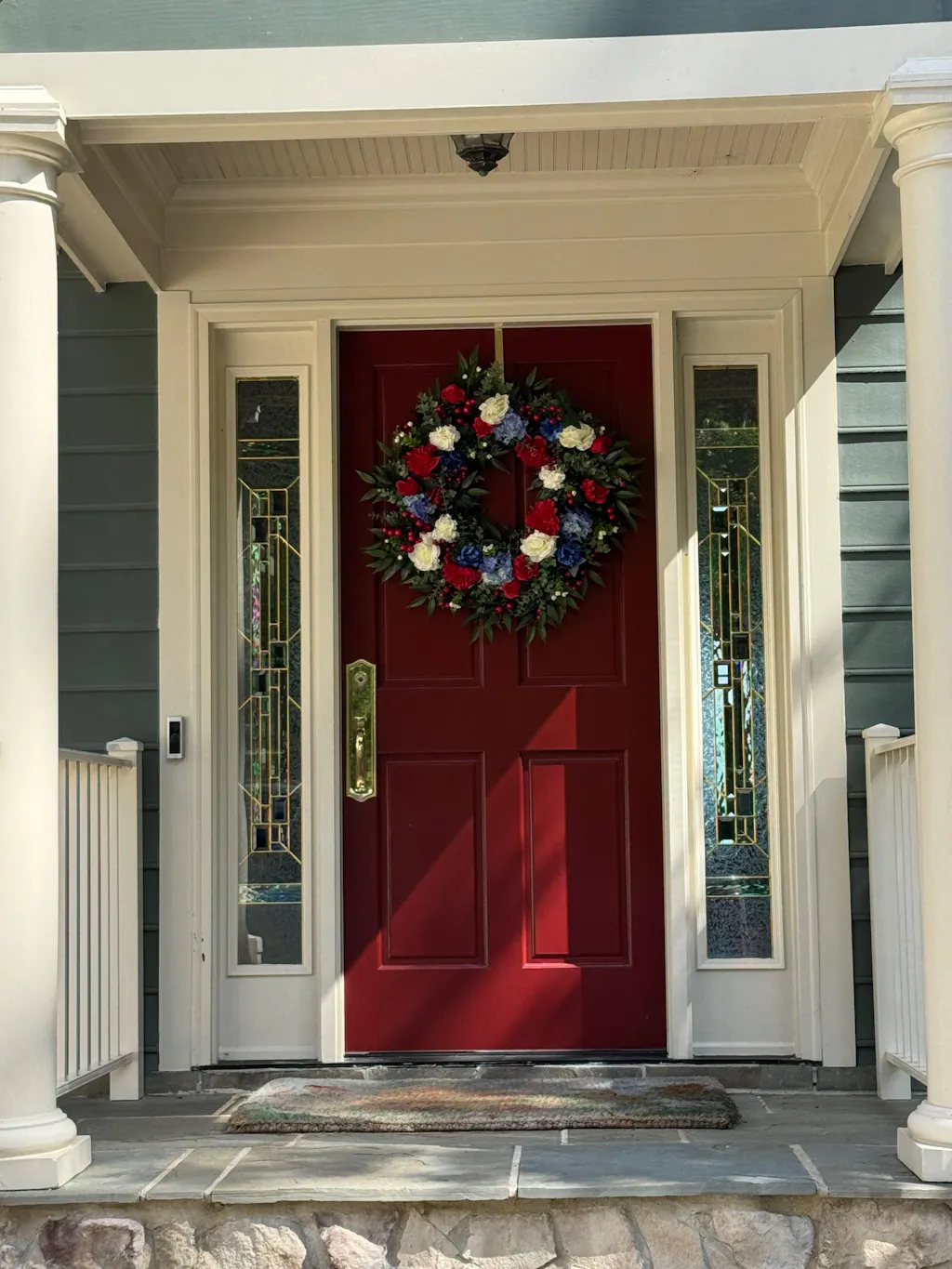 America The Beautiful - Red Peony, White Roses & Blue Hydrangea Fourth of July Everyday Front Door Wreath