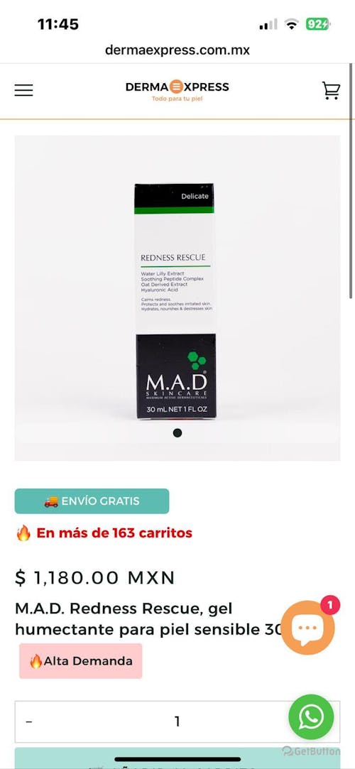 M.A.D. Redness Rescue, gel humectante para piel sensible 30gr.