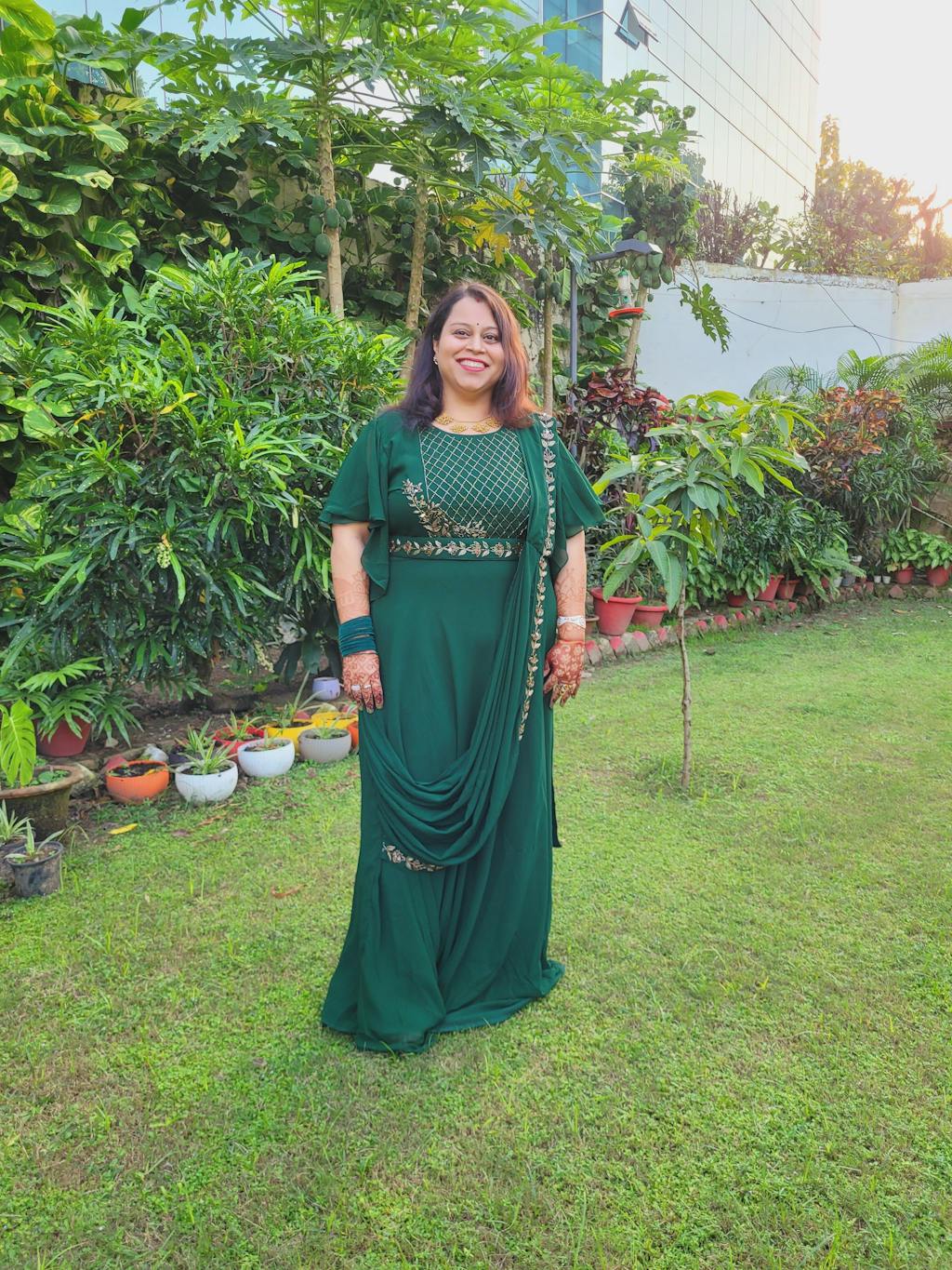 Plus Size Sizzling Bottle Green Embellished Georgette Drape Saree with Belt