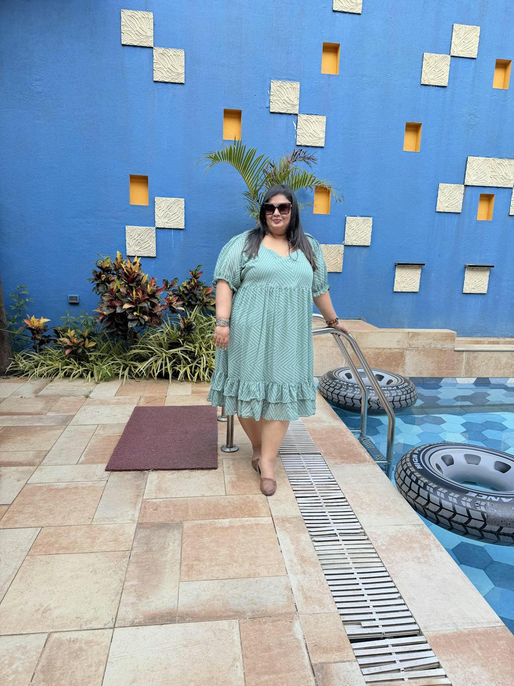 Plus Size Sea Green Chevron Georgette Dress