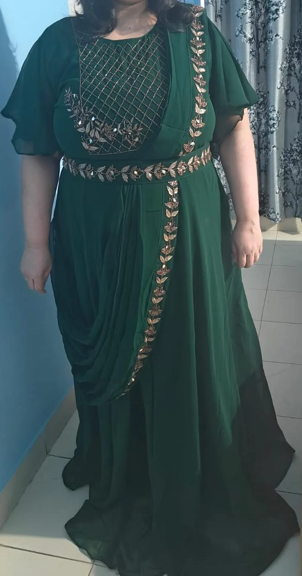 Plus Size Sizzling Bottle Green Embellished Georgette Drape Saree with Belt