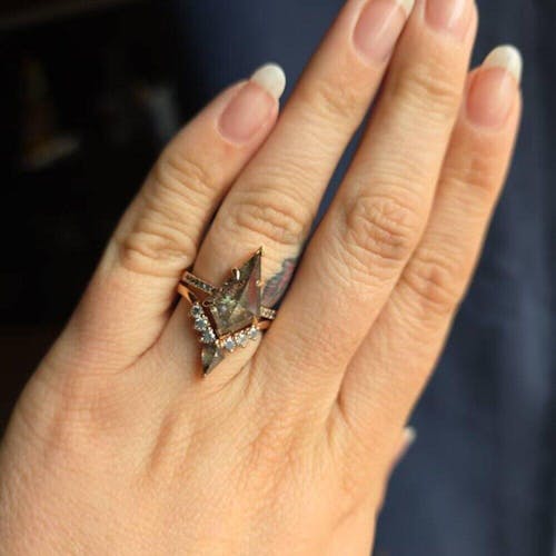 Vintage Kite Cut Salt and Pepper Curved Shape Diamond Ring with Band