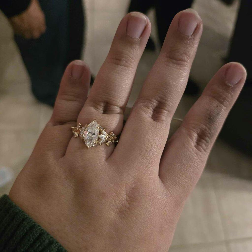 Vintage Marquise Lab Diamond Leaf Vine Engagement Ring