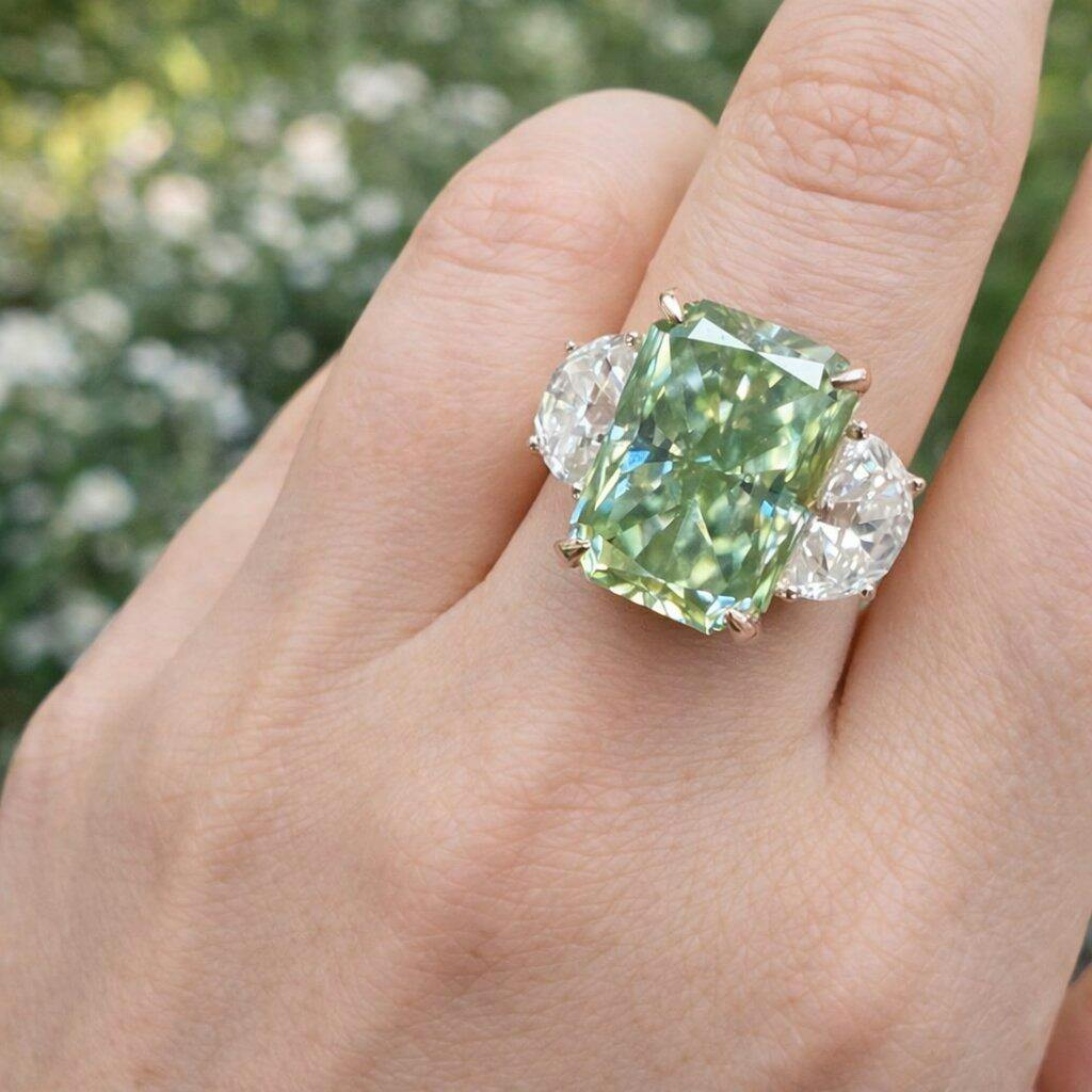 8.10 Carat Radiant Cut Light Green Moissanite Three Stone Ring
