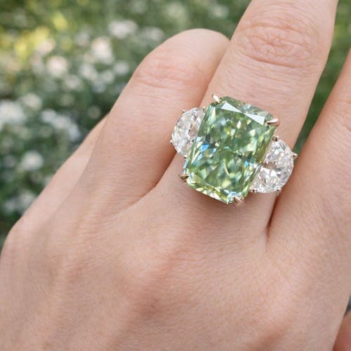 8.10 Carat Radiant Cut Light Green Moissanite Three Stone Ring