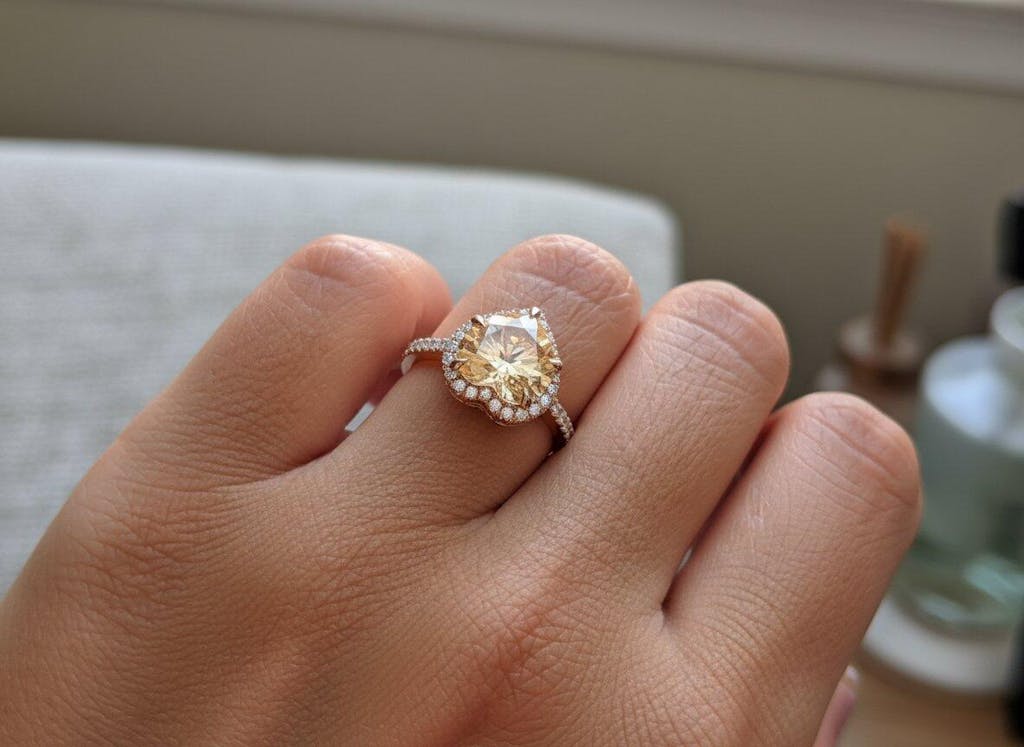 Canary Yellow Heart Moissanite Ring, Hidden Halo Designer Ring