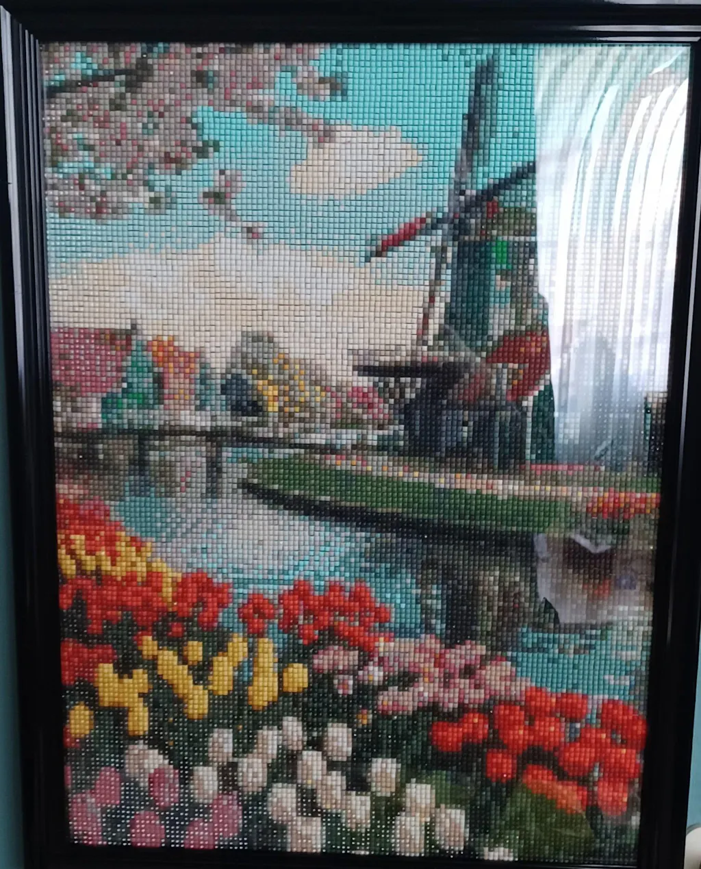 deze diamond painting molen met bloemen gemaakt
