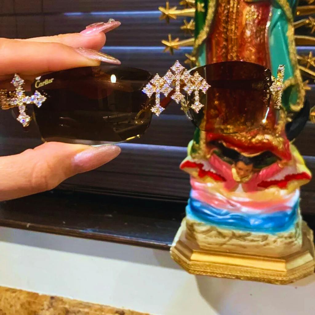 Iced Out Cross Wooden Frames - Brown Lens