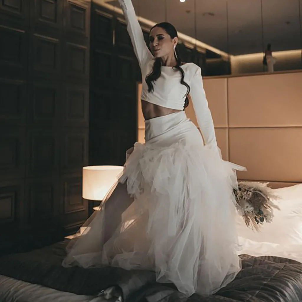 Unique Modern Jersey Casual Wedding Skirt and Top Two Pieces Bridal Separates with Nude Skirt