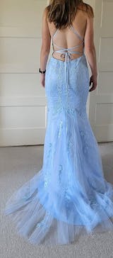 RSM66989 Blue Elegant Flowy Sexy Sling Evening Dress Pearl Beading Pattern  Design Frill Lace Backless Gradient Long Skirt - wedding dress