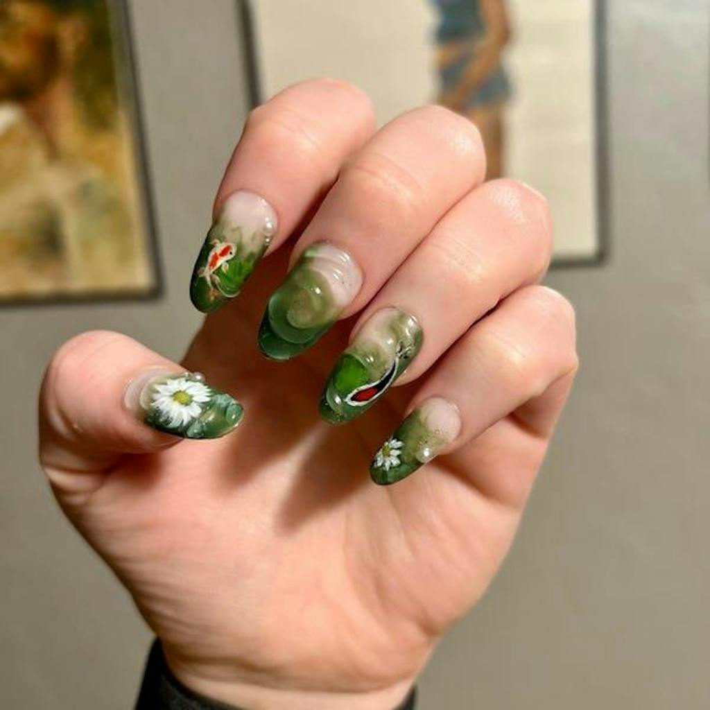 Nature Koi Fish Press On Nails | Realistic Pond & Fish Nail Design | Natural Landscape Nail Art | Custom Hand-Painted Green Nails | JB669HC
