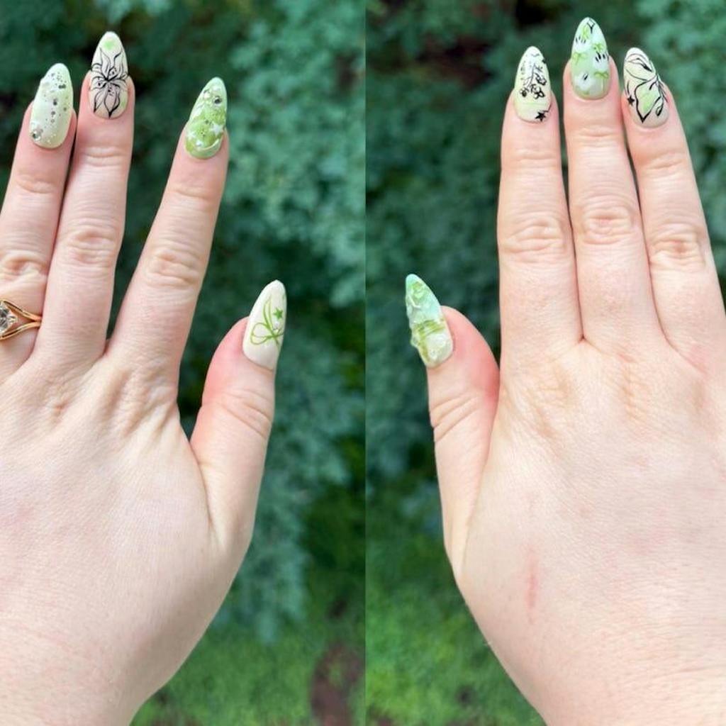 Spring Garden Long Almond Nails | Green Leaf & Floral Designs | Handcrafted Faux Nail Art | Trendy Nail Art | Unique Handmade Nails |JB534H