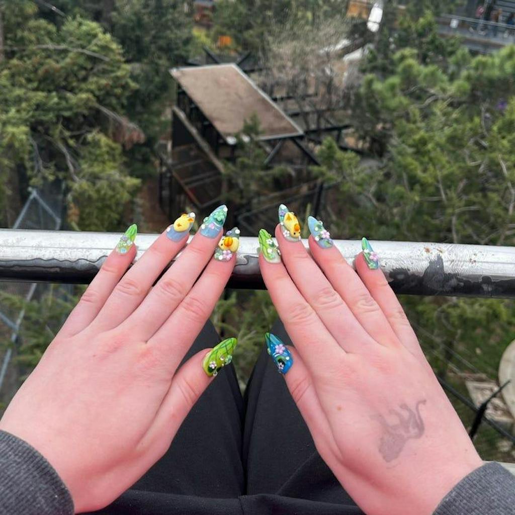 Whimsical Duck Almond Nails | Fairy-Tale Pond Nail Art | Artistic Cottagecore Fake Nails | Fantasy Water-Themed Nails |Kawaii Nails |HB765YC