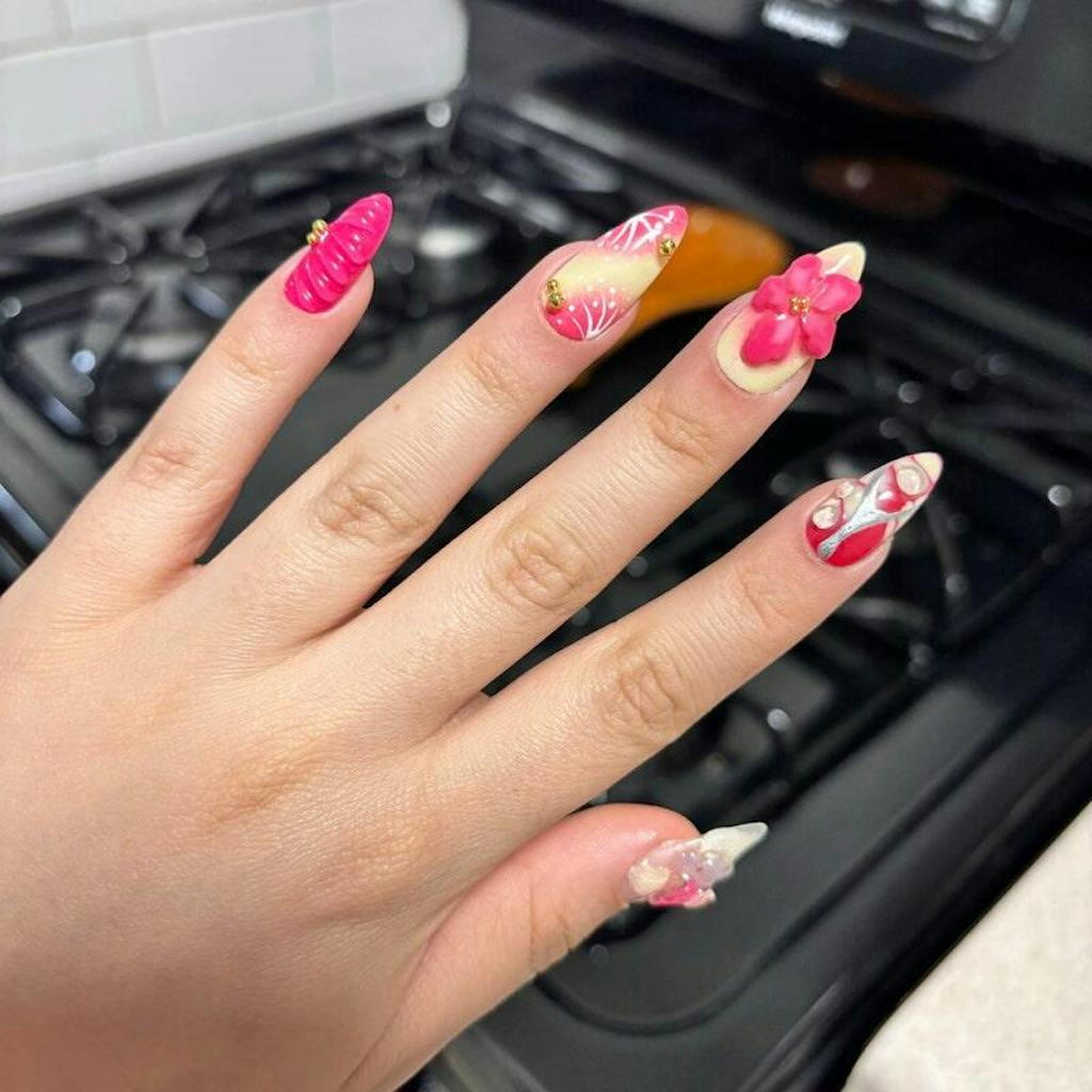 Blooming Flowers Press On Nails | 3D Chrome Flowers Acrylic Nails | Stunning Floral False Nails Press On| Spring Summer Nail Art | HD423YL