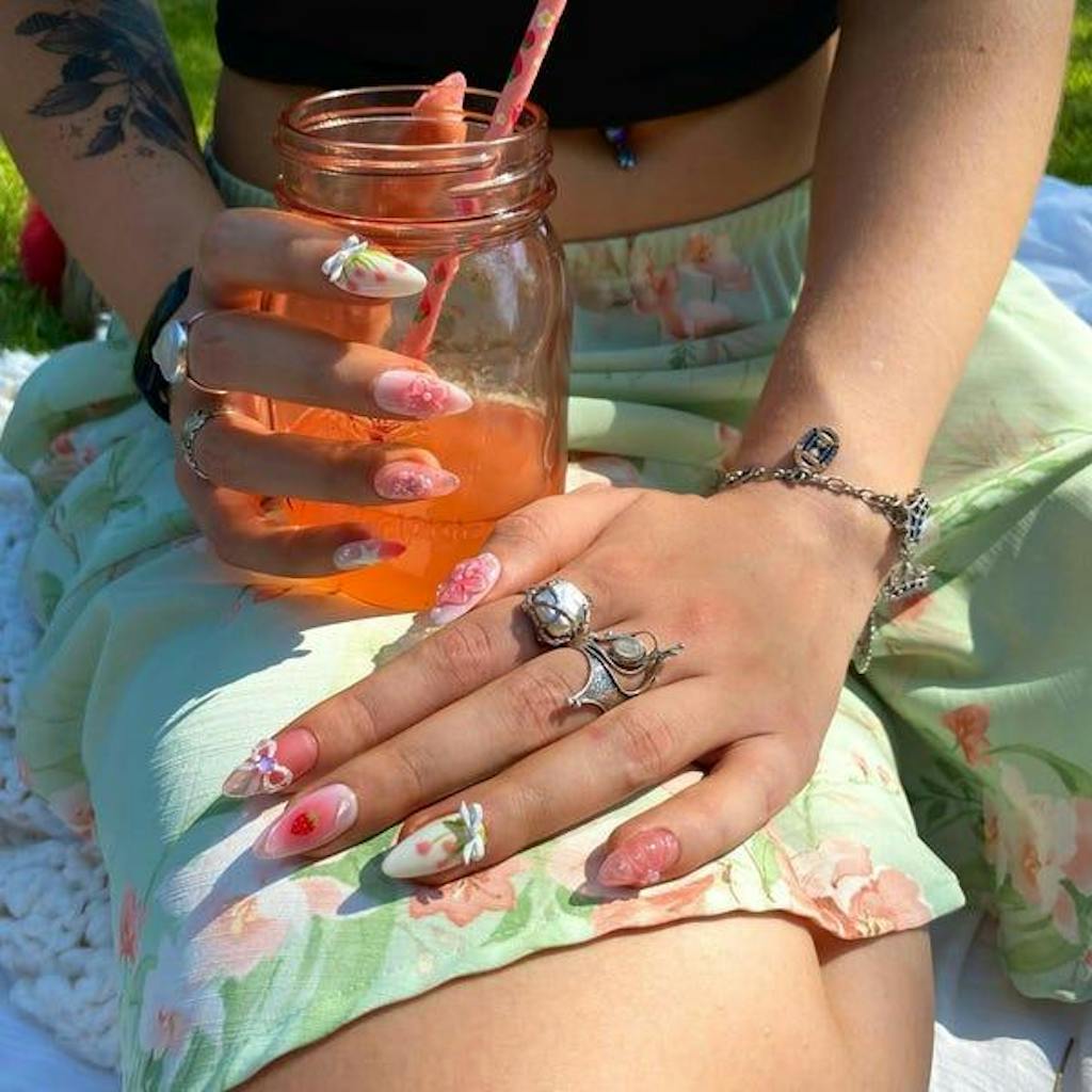 Sweet Strawberry Charm Press On Nail | Pink Bows and Flowers Nail | Floral Strawberry | Delicate Pink Floral | Y2K White Star Nail | HD433YL