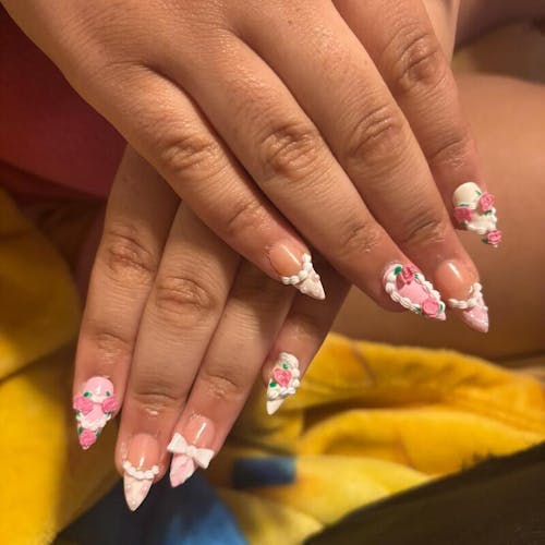 Coquette Pink Ribbon Press On Nails | 3D Blush Vintage Nail Set | Long French Ribbon Nails | Romantic Pink Press On Nails |JB760HC