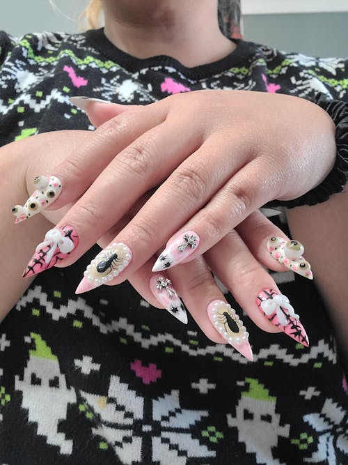 Creepy Cute Teddy Press On Nails | 3D Bear & Bow Nails | Gothic Pastel Floral Nail Art | Soft Horror Pink Press Ons | JB907HC