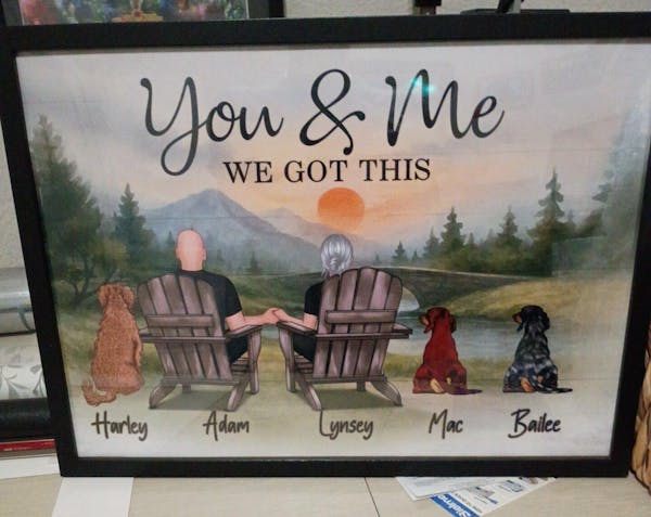 "You & Me and the Dogs – Customizable Couple Poster with Pets, Personalized Beach Scene"