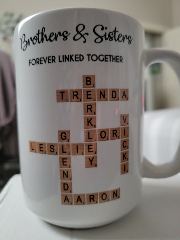 Brothers & Sisters Forever Linked Together Crossword Puzzle Art Personalized Mug, Gift For Brothers, Sisters, Siblings, Family