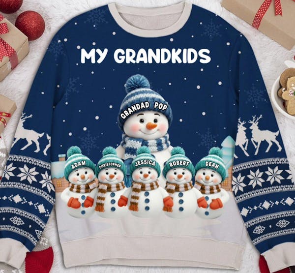 Christmas Sweatshirt for Grandparents, cute snowman family in snowy village, warm and soft, a unique gift for Grandma