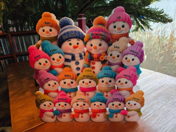 Snowman Family Acrylic Light Box with knitted hats, cozy holiday scene for grandparents, warm winter décor, a heartfelt Christmas gift