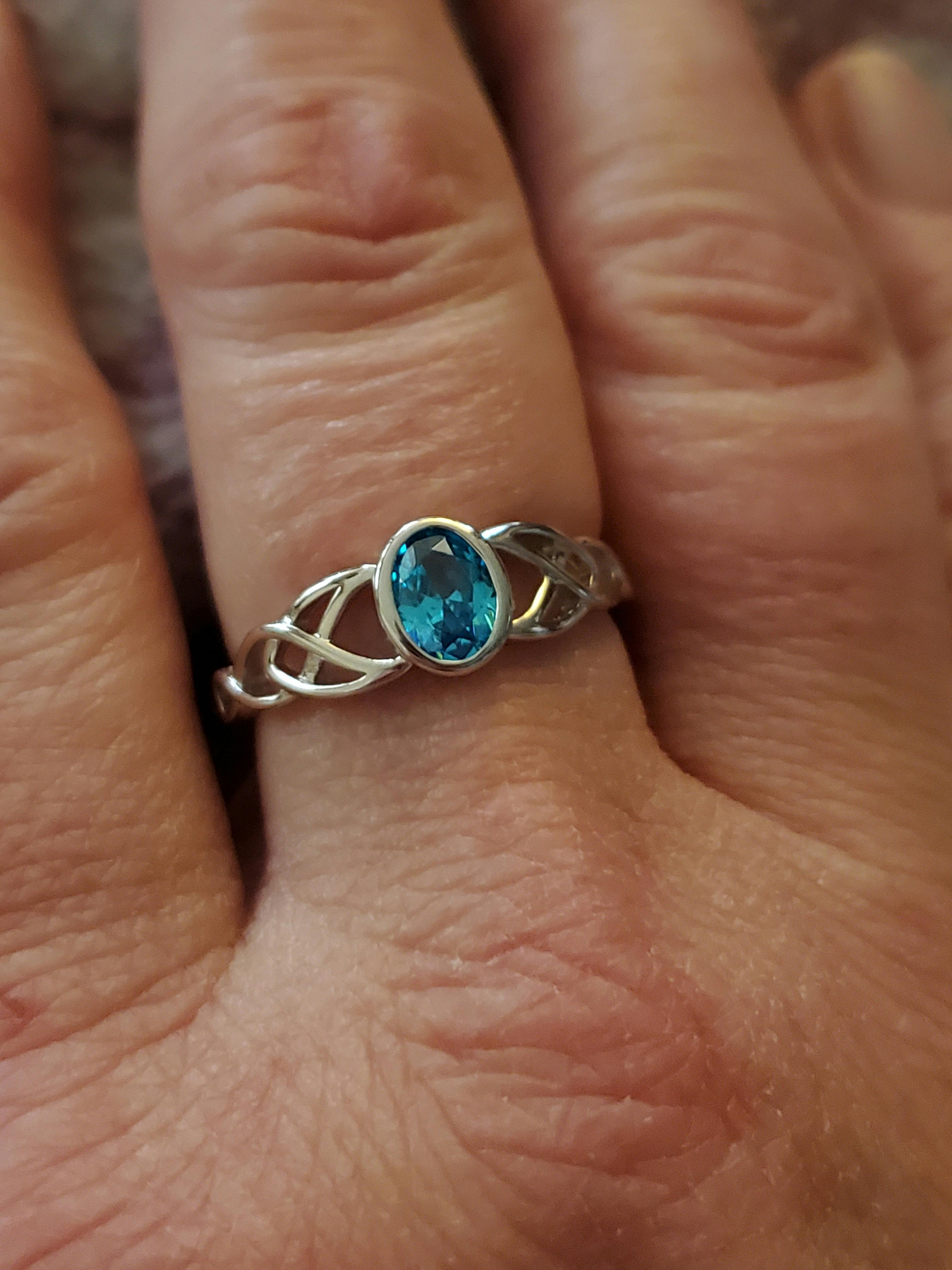 Sterling Silver Oval Aqua Blue CZ Celtic Ring