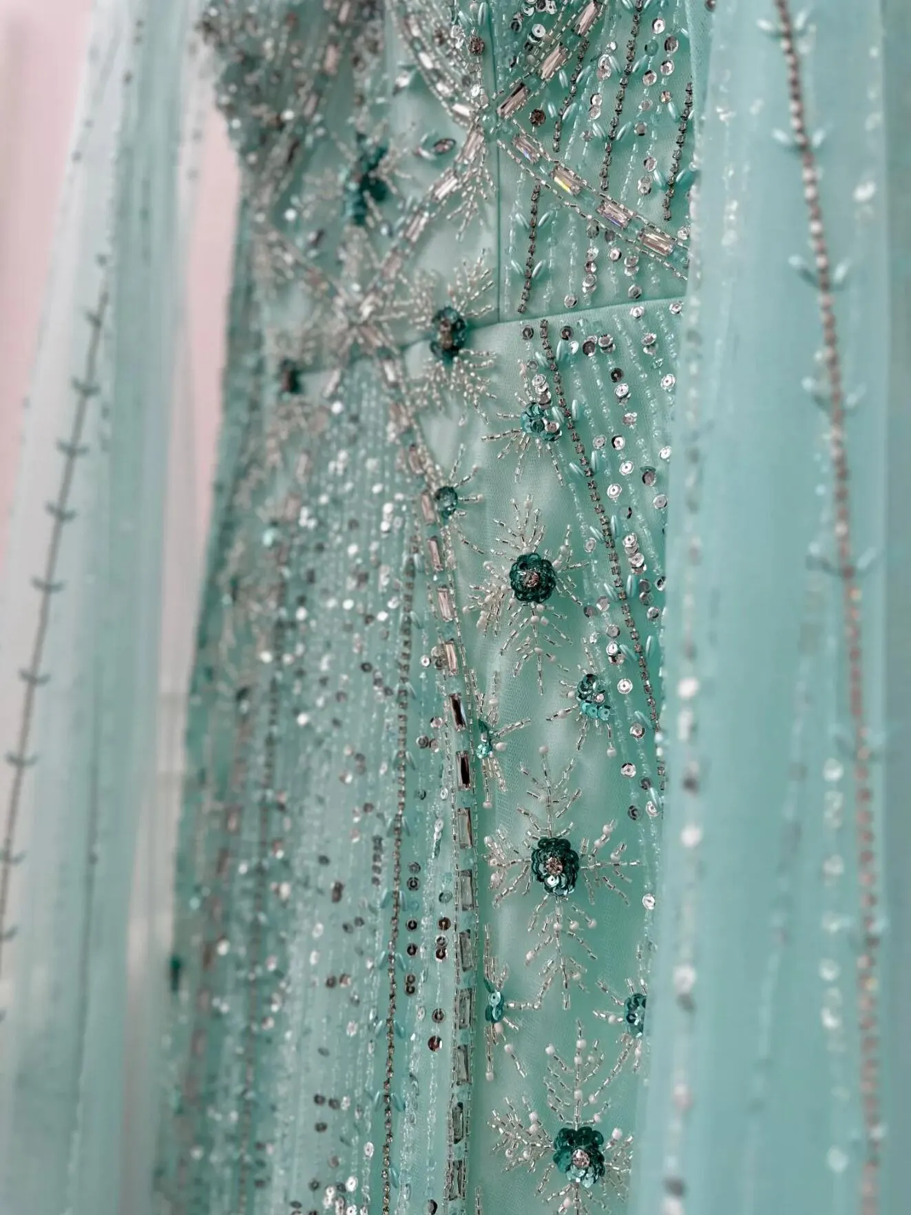 Luxury Aqua Lilac Mermaid Evening Dress with Cape Sleeves Criss Cross ...
