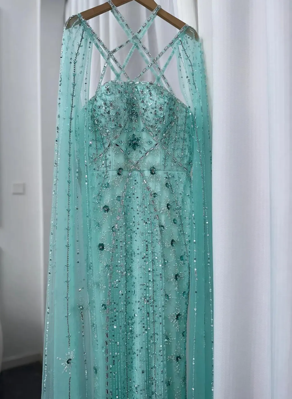 Luxury Aqua Lilac Mermaid Evening Dress with Cape Sleeves Criss Cross ...