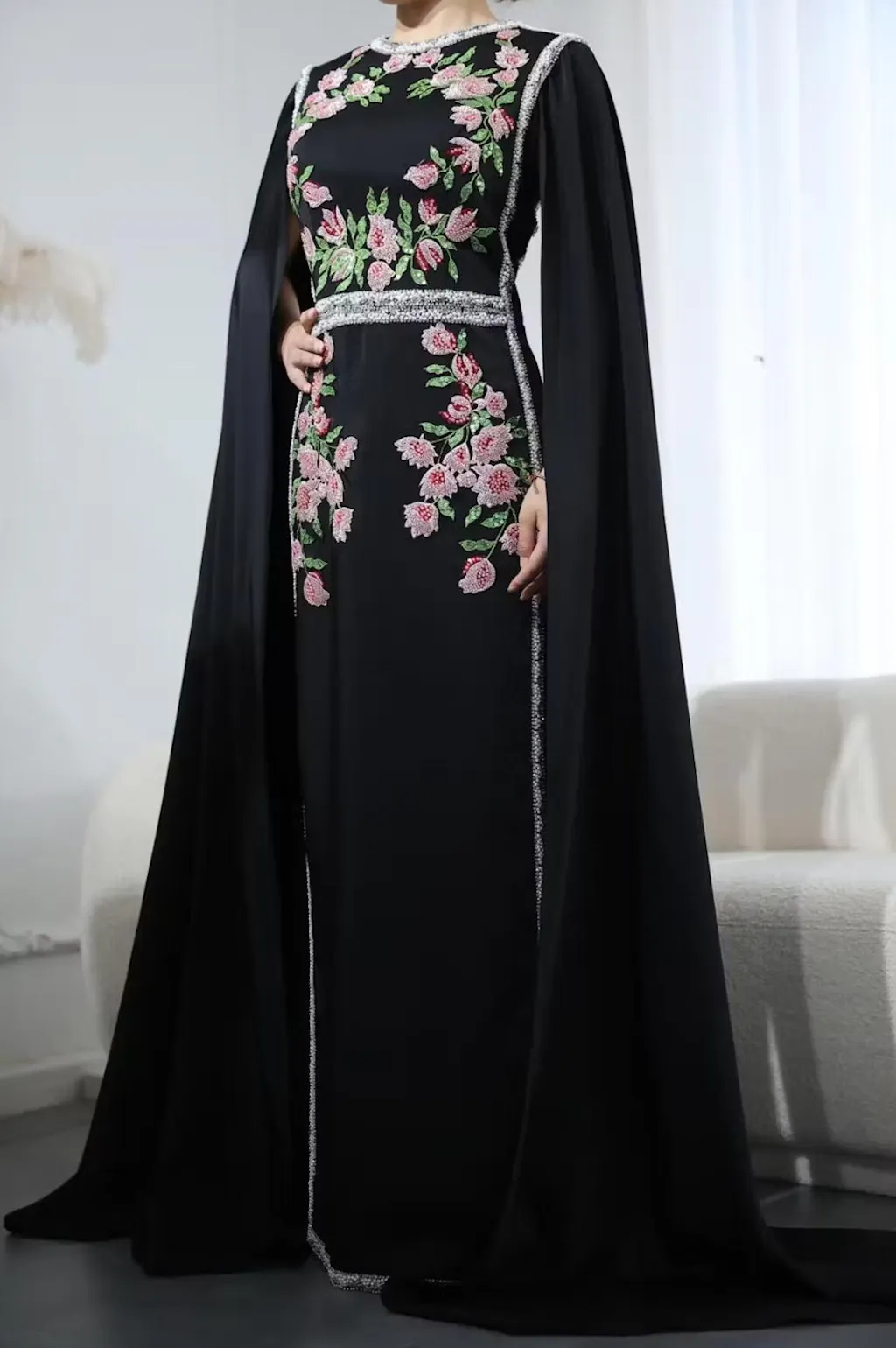 Short Beaded Dress with mini cape in black & silver