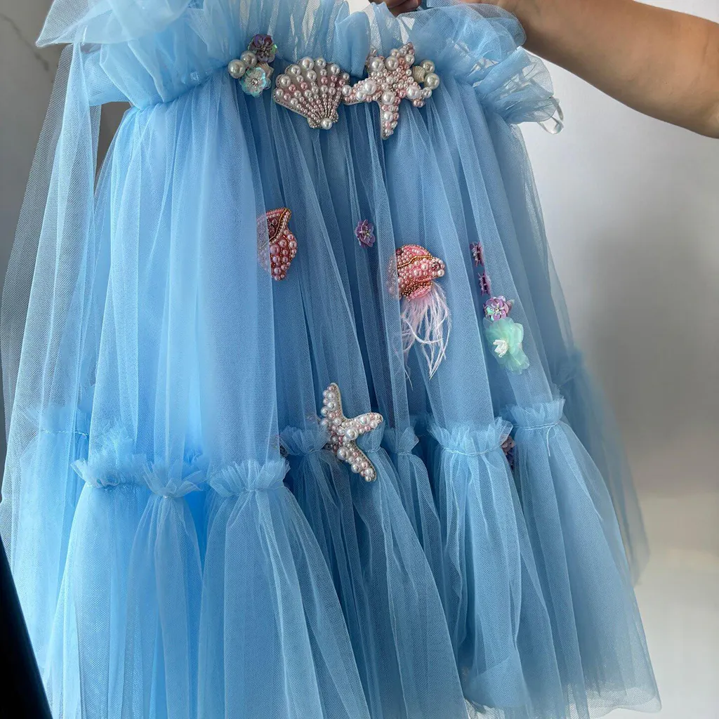 Baby Girl Blended Stuff Dress In Light Blue Color In Love Flower Design #NDS202