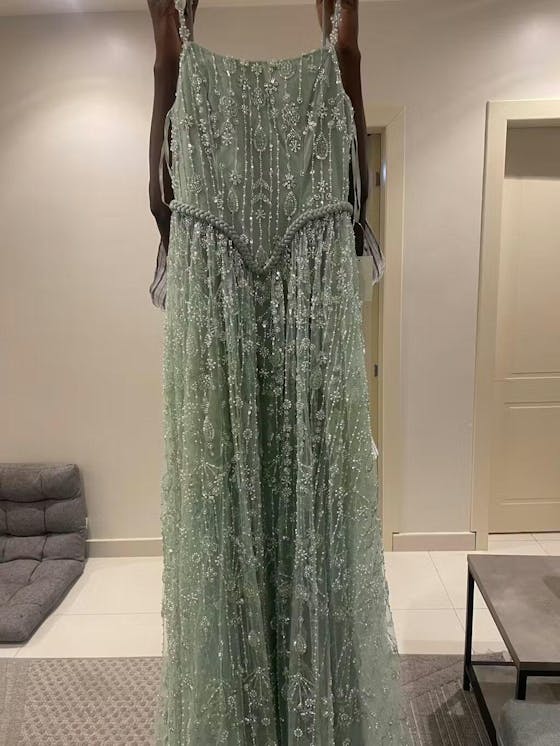 Elegant Sage Green Luxury Evening Dress with Spaghetti Straps SS693