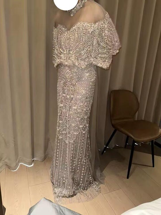 Luxury Gray Dubai Evening Gown with Detachable Overskirt SS557