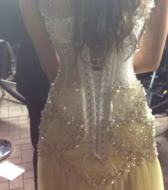 Luxury Pearls Tassel Blue Evening Dress with Flowing coat SS286