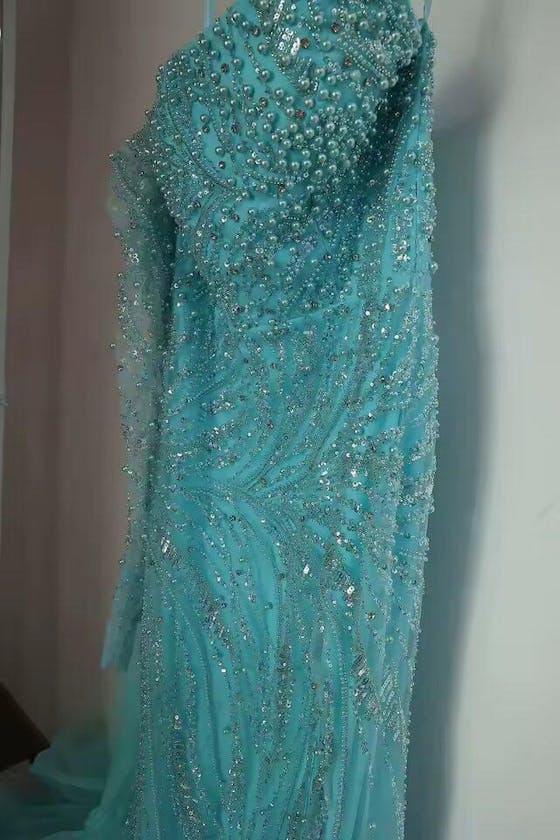 Luxury Turquoise Pearls Evening Dress with Cape Sleeves SS705