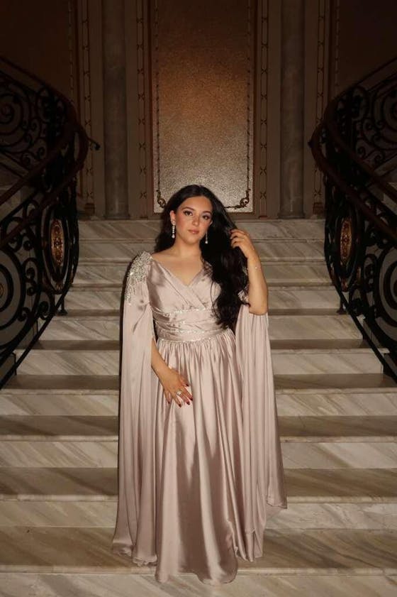 Luxury Crystal Rose Gold Evening Dress with Cape SS589