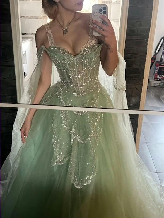 Elegant Off Shoulder Sage Green Evening Dress with Cape Sleeves SS215