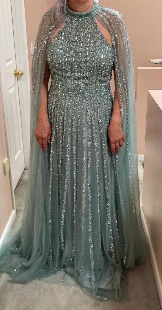 Arabic Turquoise Luxury Dubai Evening Dress with Cape Sleeves SS085