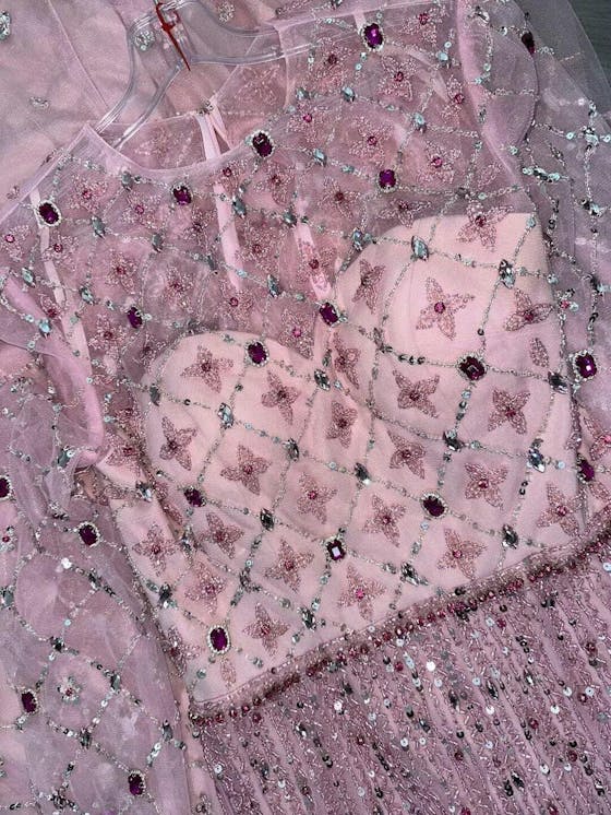 Elegant Pink Crystal Beaded Long Sleeve Evening Dress SS220