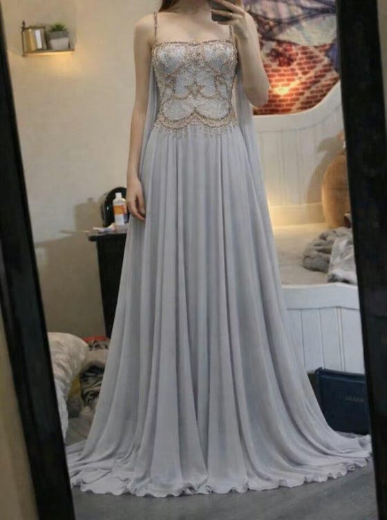 Luxury Silver Gray Beaded Crystal Prom Dress with Flowing Cape SS517