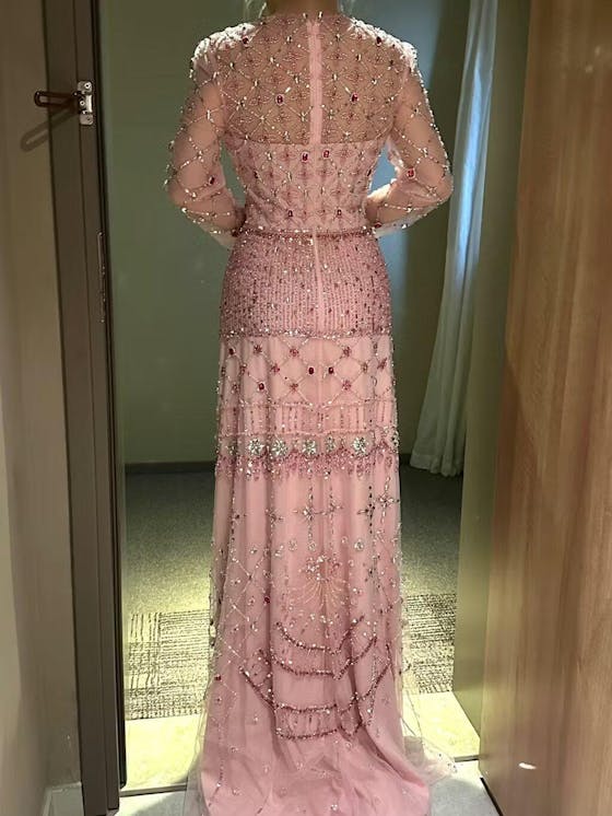 Elegant Pink Crystal Beaded Long Sleeve Evening Dress SS220