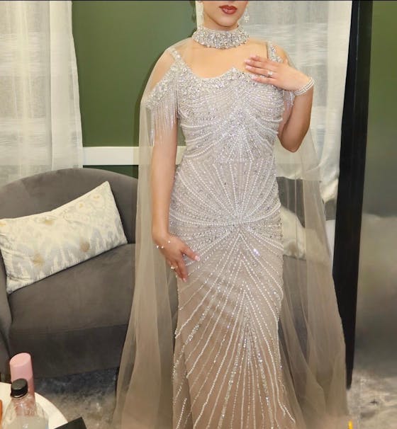 Luxury Tassel Champagne Mermaid Evening Dress with Cape SS158