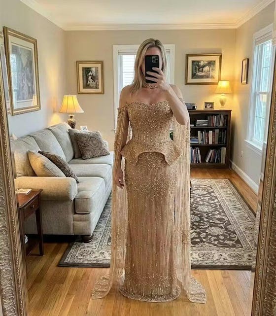 Silver Grey Crystal Evening Dress, Off-Shoulder Cape Gown SS558