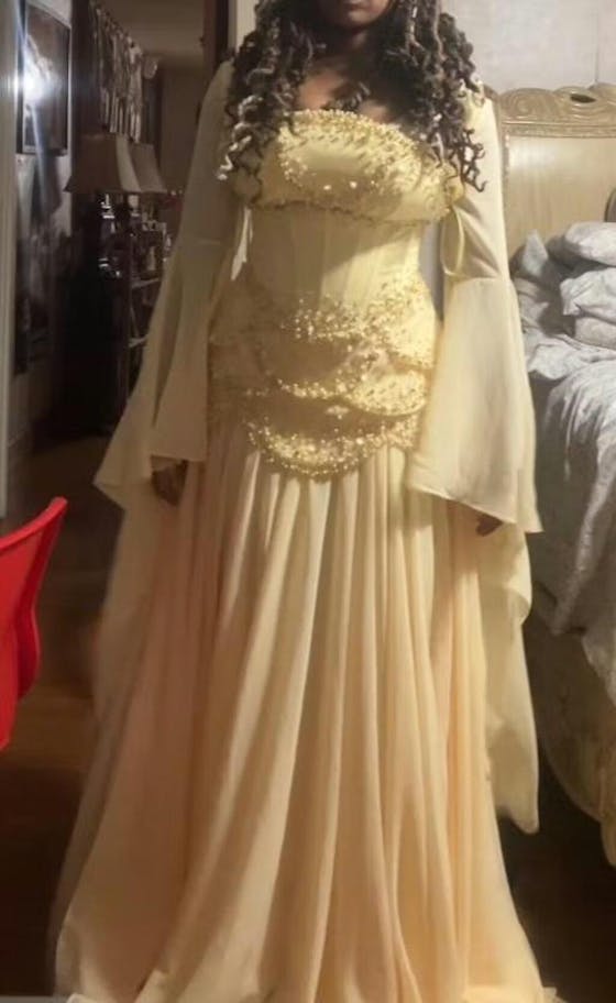 Luxury Pearls Tassel Blue Evening Dress with Flowing coat SS286