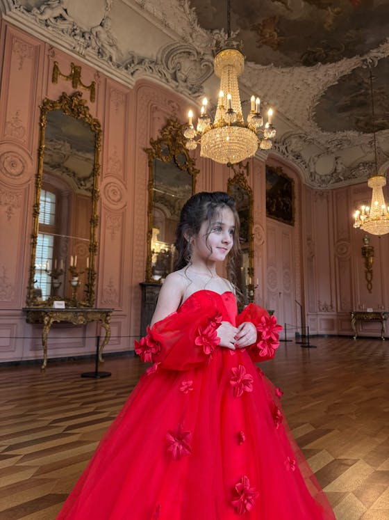 Elegant 3D Flowers Red Girl Dress Long Sleeve Princess Gown J274